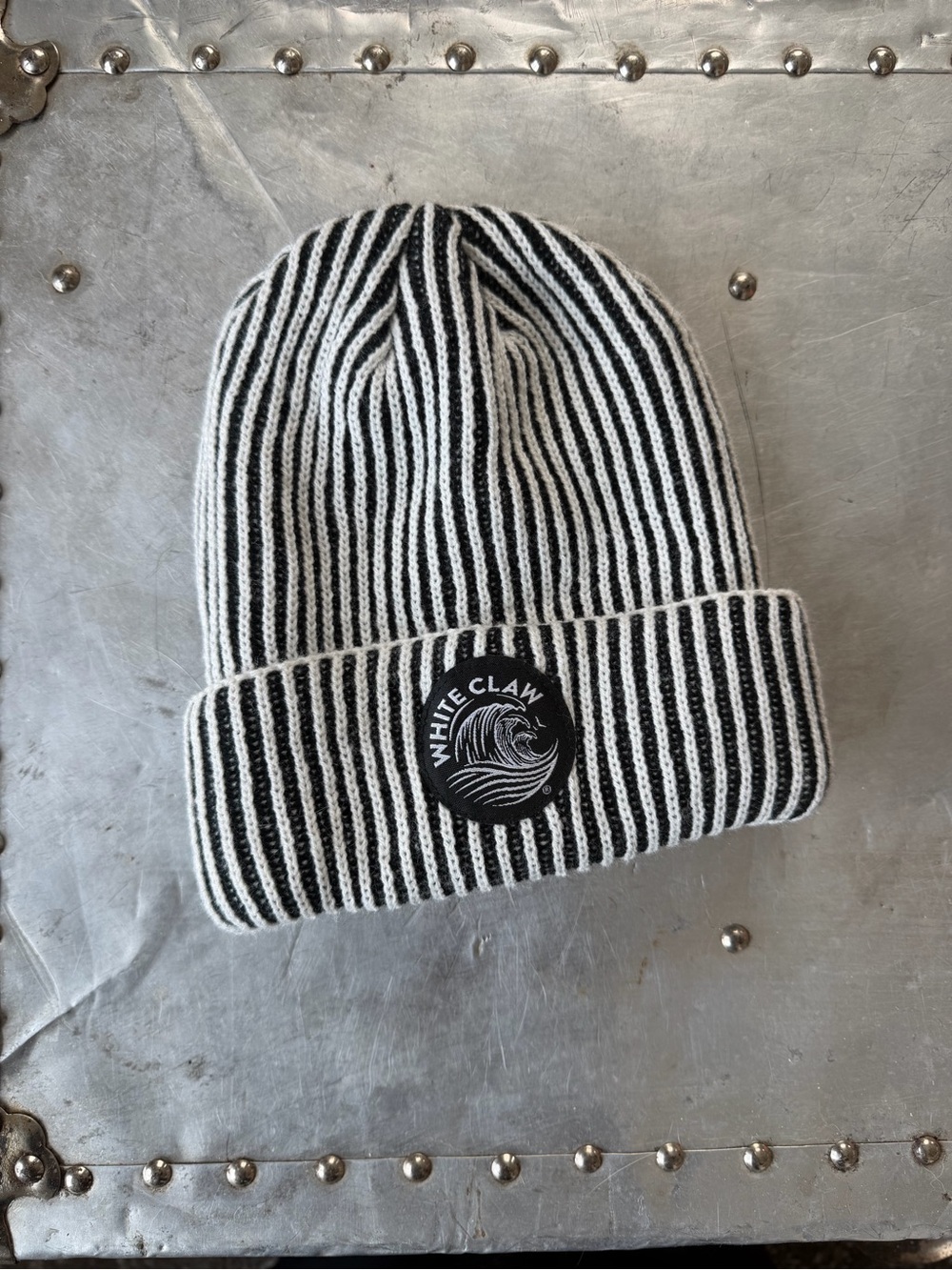 White Claw Black & White Striped Rib Knit Beanie